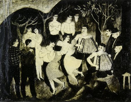 Sergio Altieri 1930 "Ballo nella notte" cm. 39x50 - olio su compensato...