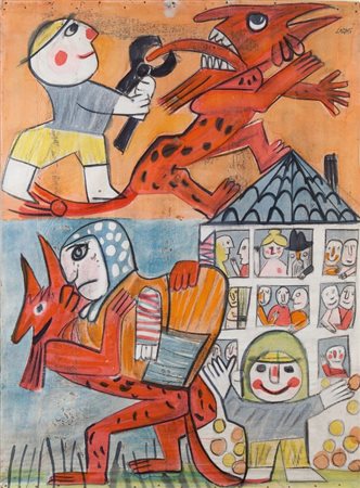 EMANUELE LUZZATI (1921-2007) Teatrino dei burattini (Anni Settanta)olio e...