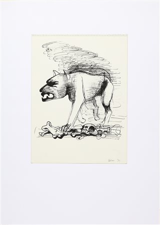 VAGLIERI TINO (1929 - 2000) Cane con teschio e ossa. . 1973. Tecnica mista su...