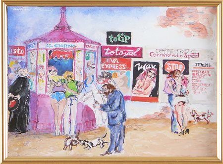 PIACESI WALTER (n. 1929) L'edicola. Tecnica mista su cartoncino. Cm 35,00 x...