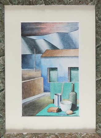 SCUFFI MARCELLO (n. 1948) Natura morta con paesaggio. 2014. Acquarello su...