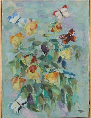 PAGANI ENZO (1920 - 1973) Fiori. Olio su tela . Cm 34,50 x 45,50. Firma in...