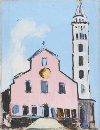 MONACHESI SANTE (1910 - 1991) Chiesa. Olio su tela . Cm 50,00 x 65,00. Firma...