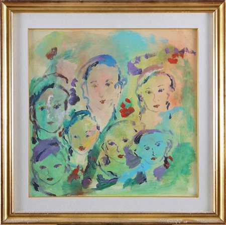 TRECCANI ERNESTO (1920 - 2009) Popolo dei volti. Olio su tela . Cm 60,00 x...