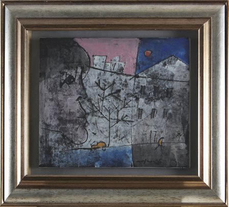 ROGNONI FRANCO (1913 - 1999) Città. Tempera su tela. Cm 40,00 x 32,00. Firma...