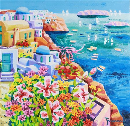 FACCINCANI ATHOS (n. 1951) Santorini, dove la luce accarezza i fiori. Olio su...
