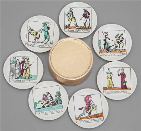 PIERO FORNASETTI7 sottobicchieri della serie "Il mondo alla rovescia", anni...
