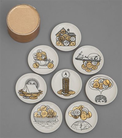 PIERO FORNASETTIOtto sottobicchieri decoro "Monete", anni '60. Porcellana...