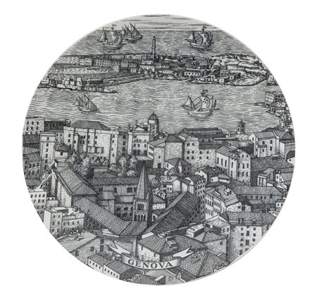 PIERO FORNASETTI Un piatto in porcellana decorato con una veduta del porto di...