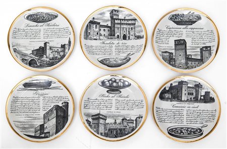 PIERO FORNASETTI Sei piatti "Specialità torinesi", 1982. Oggetto promozionale...