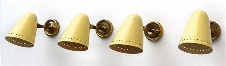 QUATTRO LAMPADE A PARETE, anni '50Ottone, alluminio laccato.Altezza cm 13,...