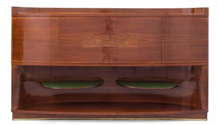 UNA CREDENZA-BAR, anni '50. Legno impiallacciato in palissandro con pannello...
