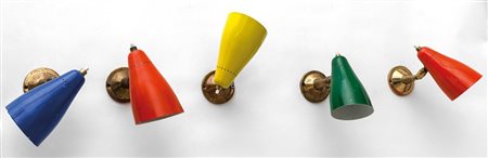 CINQUE LAMPADE A PARETE, anni '50Ottone, alluminio laccato.Altezza cm 16,...