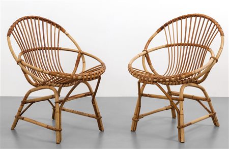 DUE POLTRONCINE, anni '50. Bambù, canna d'India. Altezza cm 75, larghezza 56,...