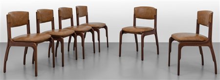 GIANFRANCO FRATTINI Sei sedie per CANTIERI CARUGATI, fine anni '50. Legno di...