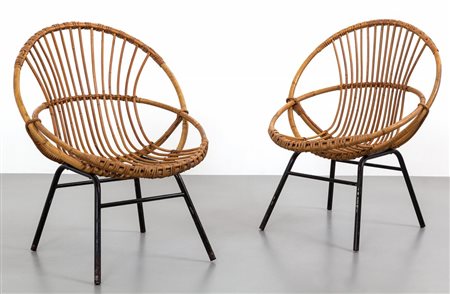 DUE POLTRONCINE, anni '50. Tondino di ferro verniciato, bambù, canna d'India....
