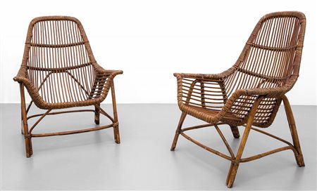 GEORGES COSLINDue poltrone per GERVASONI, 1956. Malacca, giunco, canna...
