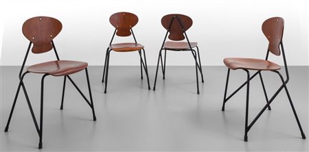 ISA (Editore)Quattro sedie, anni '60. Ferro verniciato, compensato di teak...