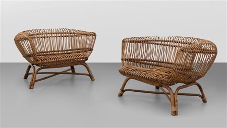 PAOLO TILCHEDue poltrone "Silvia" per ARFORM, 1956. Malacca, giunco, canna...