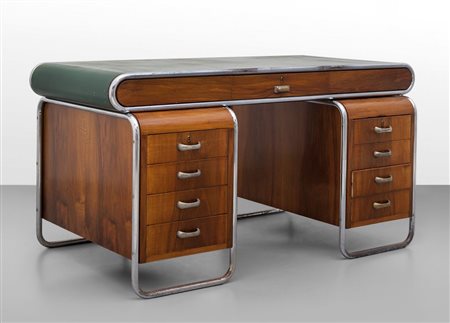 UNA SCRIVANIA, circa 1940. Tubo di acciaio cromato, legno impiallacciato in...