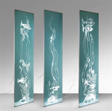 TRE SPECCHI RETRO ILLUMINATI, 1986. Cristallo colorato argentato. Datati...