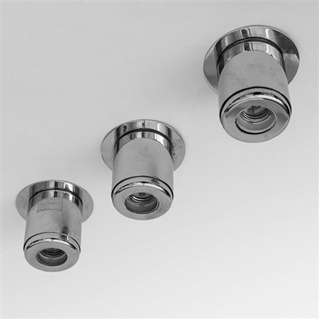 GINO SARFATTI Tre lampade a plafone "SP/13n" per ARTELUCE, 1970. Metallo...