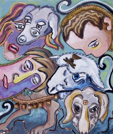 BAJ ENRICO (Milano 1924 - Varese 2003) "Personaggi con caproni" 1990 Acrilici...