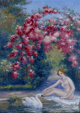 CHANTEAU GABRIEL "Figura nel giradino" Olio su cartone Firmato in basso a...