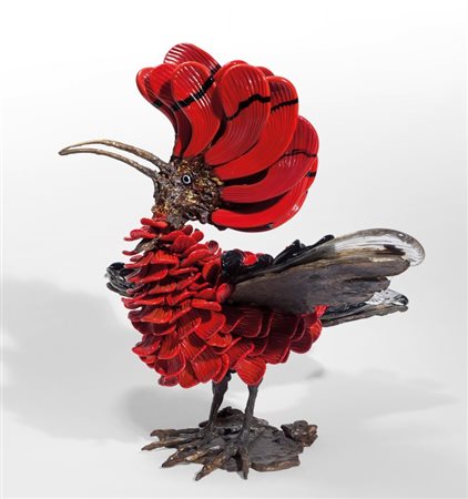 TONI ZUCCHERI, VENINIFigura di upupa, 1991. Bronzo, piume in paste vitree....