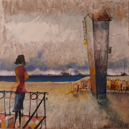 Gian Luigi Serravalli Ferrara 1949 HOTEL RIVIERA 2015 olio su tavola 25x25...