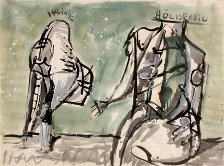 Markus LUPERTZ (Reichenberg, 1941 ) Senza titolo, anni 80, tecnica mista su...