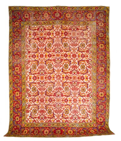Tappeto a fondo beige e rosso decorato con fiori stilizzati, cm 390x290