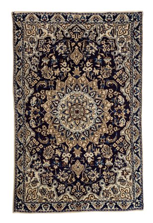 Tappeto fondo blu decorato a motivi vegetali grande medaglione centrale, cm...