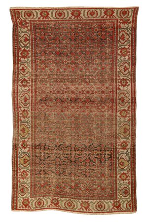 Tappeto fondo rosso decorato a motivi vegetali, cm 180x110. Usure