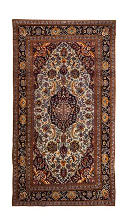 Tappeto fondo nero decorato a motivi vegetali nei toni del rosso, nero e...