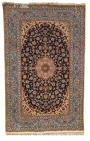 Tappeto Isfahan a fondo nero con medaglione centrale, bordo perimetrale nei...