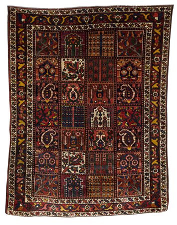 Tappeto a fondo rosso decorato a riquadri, cm 200x153