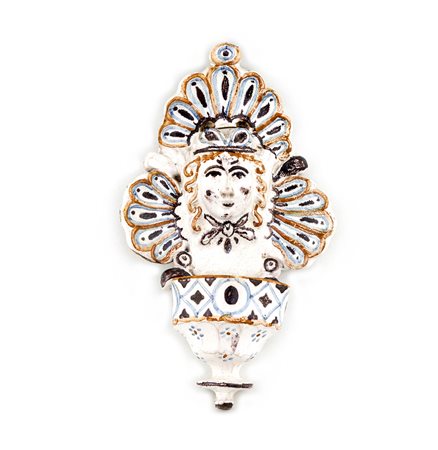 Acquasantiera con mascherone in maiolica di Grottaglie, cm 23x14