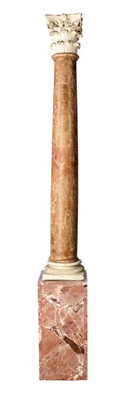 Colonna in marmo rosso verona con capitello corinzio in pietra su alta base...