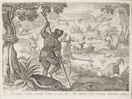 Incisione con allegoria della caccia, XVIII secolo. Misure: cm 30x21