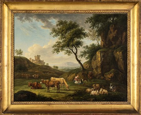 Paesaggio campestre con armenti e pastorella olio su tela firmato e datato in...