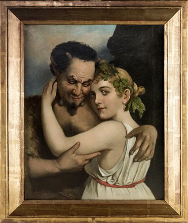 Satiro con ninfa, monogrammato e datato in basso a sinistra 1895, olio su...