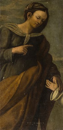 Madonna, frammento di pittura ad olio su tela applicato su tavola, cm 93x46