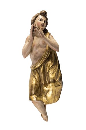 Scultura in legno laccato raffigurante un angelo ritratto in preghiera con...