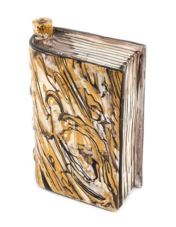 Fiasca in maiolica scaldamani a forma di libro, manifattura Campana del XVIII...