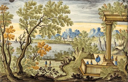 Mattonella in maiolica raffigurante paesaggio fluviale con ruderi...