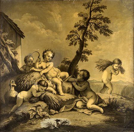 Coppia di grisailles su tela raffiguranti Putti allegorici cm 96x98