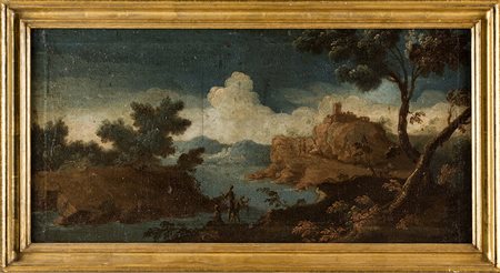 Paesaggio Fluviale con Figure olio su tela cm 35x75