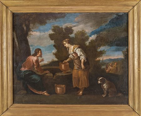 Cristo e la Samaritana al pozzo, cornice in stile in legno dorato, olio su...