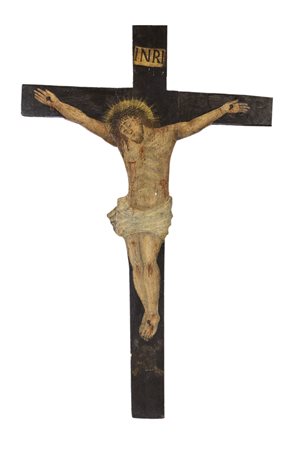 Croce lignea dipinta e sagomata raffigurante Cristo Crocifisso,olio su tavola...
